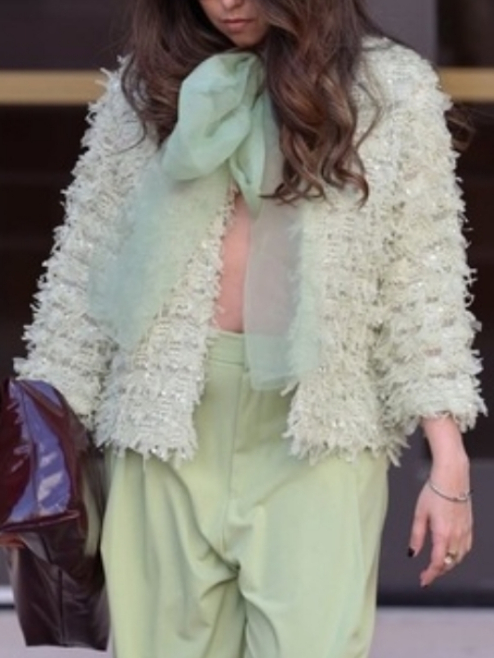 NWT Zara Sage Green Fringe Organza Tie Open Front Cardigan Sweater Jacket Size S
